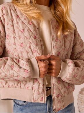 Vici Quilted Floral Bomber Jacket in Cream and Pink